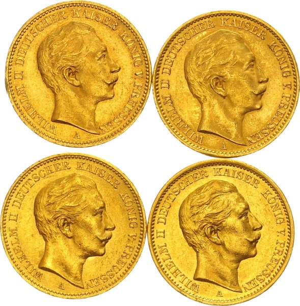Preussen 4x 20 Mark 1899-1910 - Wilhelm II., Lot Goldanlage