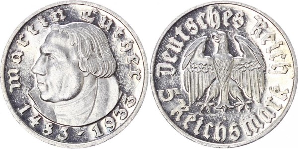 Drittes Reich 5 Reichsmark 1933 A Martin Luther