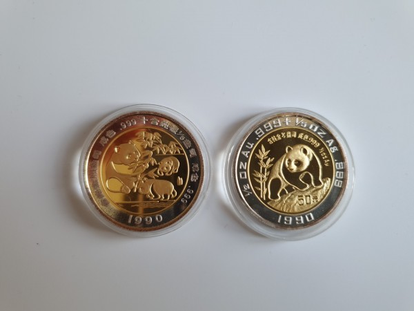 China 50 Yuan + Medaille 1990 Panda Set Gedenkausgabe (Commemorative issue) Bimetall, 2x 1/2 Oz. PP