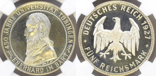 Weimarer Republik 5 Reichsmark 1927 F Uni Tübingen, Eberhard im Bart
