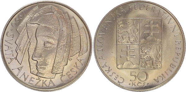 Tschechoslowakei/CSSR 50 Kronen 1990 Heilige Agnes von Böhmen (Anezka). Variante RR!