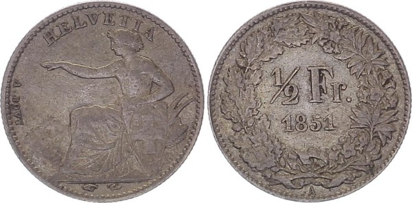 Schweiz 1/2 Franken 1851 A SITZENDE HELVETIA