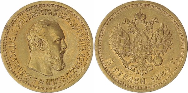 Russland 5 Rubel 1889 -AГ St. Petersburg Alexander III. 1881 - 1894