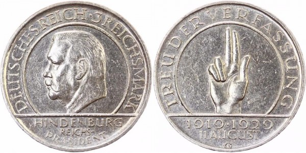 Weimarer Republik 3 Reichsmark 1929 G Verfassung, Schwurhand
