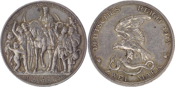 PREUSSEN 2 Mark 1913 A Wilhelm II. Der König rief
