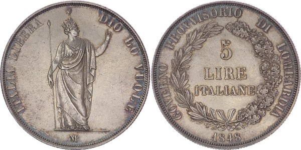 Italien/Lombardei 5 Lire 1848 Mailand Aufstand 1848-1849