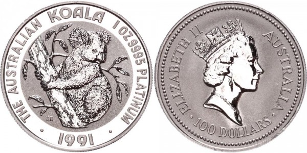 Australien 100 Dollars (1 Oz Platin) 1991 - Koala