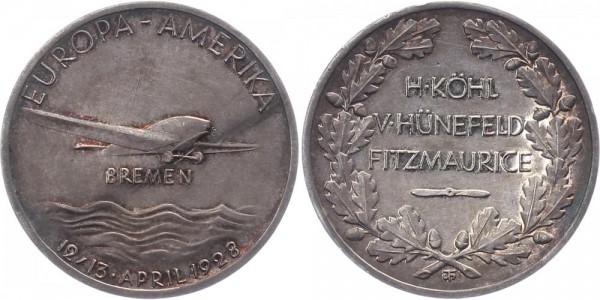 Preußen Preuss. Staatsmünze 1928 - Silbermedaille Atlantikflug der "Bremen"