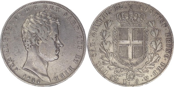 Italien-Sardinien 5 Lire 1844 Carlo Alberto 1831-1850