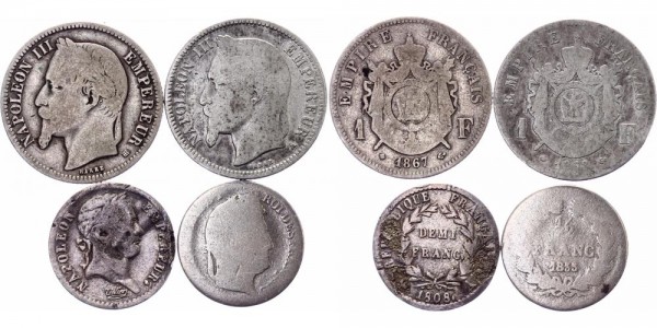 Frankreich 1/2 Franc, Demi Franc, 2x 1 Franc 1808-1868 - Lot Kursmünzen