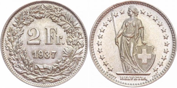 Schweiz 2 Franken 1937 B Eidgenossenschaft