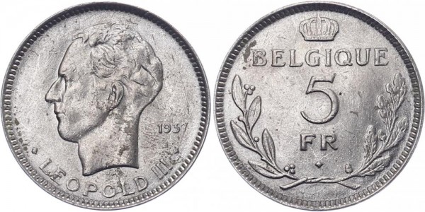 Belgien 5 Francs 1936 o. 1937 Leopold III.