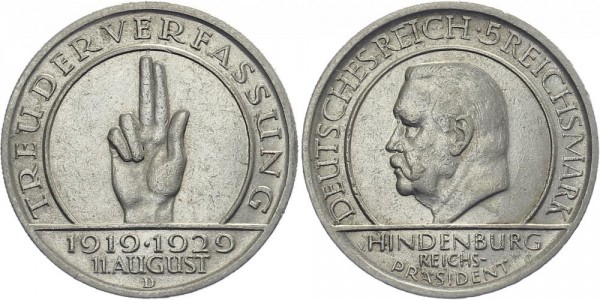 Weimarer Republik 5 Mark 1929 D Schwurhand