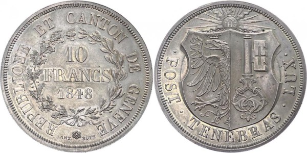 Schweiz 10 Francs 1848 - Genf/Genève. Stadt und Kanton