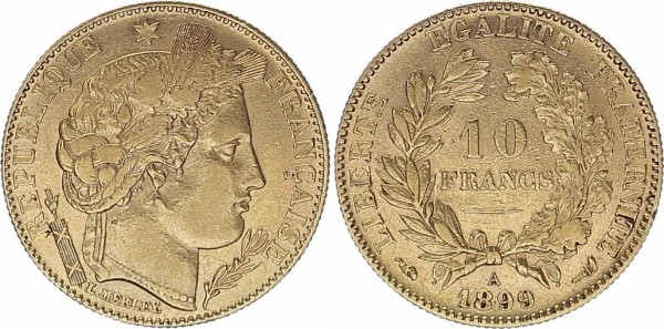 Frankreich Königreich 10 Francs 1899 A, Paris 3. Republik Ceres
