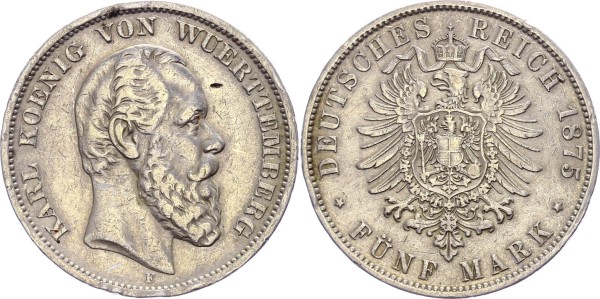 Württemberg 5 Mark 1875 - Karl 1864-1891.