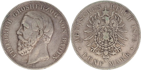 Kaiserreich Baden 5 Mark 1876 G Friedrich I. 1856-1907