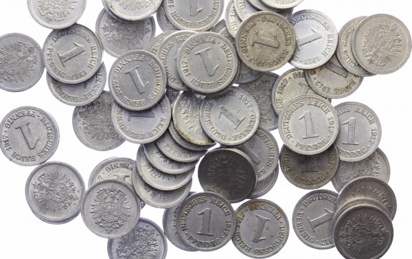 Kaiserreich 60x 1 Pfennig 1917 div. Lot, Ersatzmünzen 1. Weltkrieg