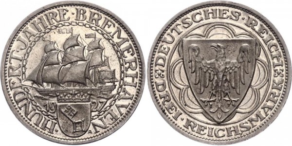 Weimarer Republik 3 Reichsmark 1927 A Bremerhaven