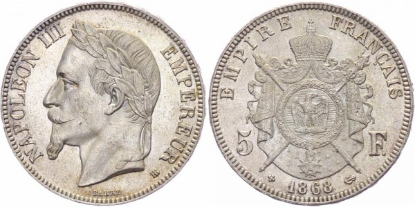 Frankreich 5 Francs 1868 BB Napoleon III.