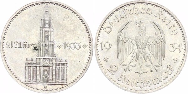 Drittes Reich 2 Reichsmark 1934 G Garnisionkirche mit Datum
