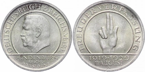 Weimarer Republik 5 Reichsmark 1929 A Hindenburg, Schwurhand, Verfassung