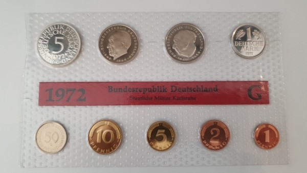 BRD 10,68 DM 1972 G Kursmünzensatz (KMS) 1 Pf. bis 5 DM