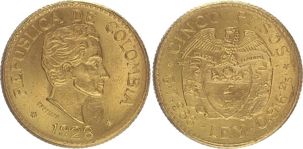Kolumbien 5 Pesos 1928 Simon Bolivar