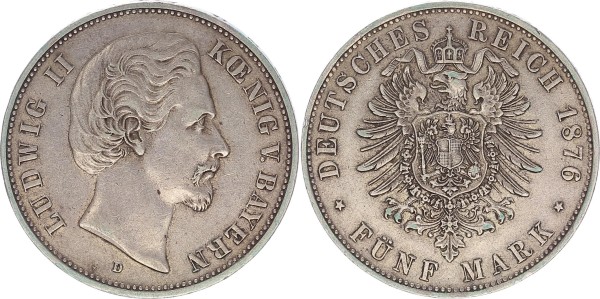 Königreich Bayern 5 Mark 1876 D Ludwig II. 1864 - 1886