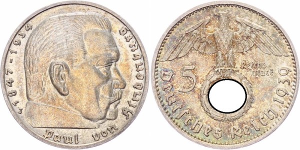 Drittes Reich 5 Reichsmark 1939 J Hindenburg mit Hakenkreuz