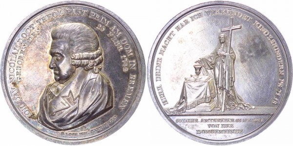 Bremen Silbermedaille 1821 - Amtsjubiläum des Bremer Pastors Johann David Nicolai