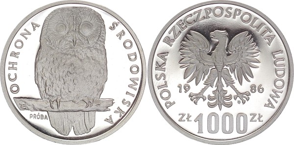 Polen 1000 Zlotych 1986 Umweltschutz - Eule, Probe