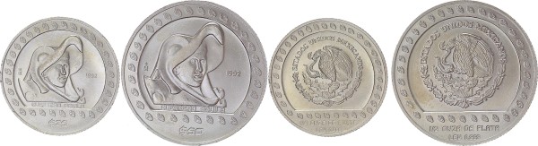 Mexiko 25 und 50 Pesos 1992 Präkolumbische Hochkulturen (Kopf eines Adlerkriegers); 1/2 und 1/4 Oz.