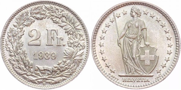 Schweiz 2 Franken 1939 B Eidgenossenschaft