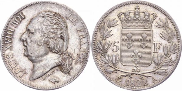Frankreich 5 Francs 1822 A Louis XVIII, 1815-1824