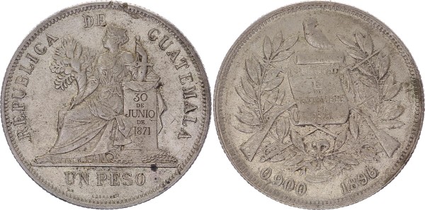 Guatemala 1 Peso 1896 P. Quetzal long tail