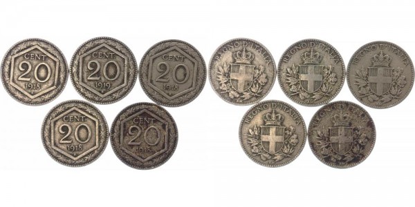 Italien 5x 20 Centesimi 1918-1919