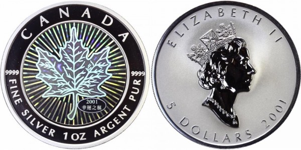 Kanada 5 Dollars 2001 - Elisabeth II., Hologramm, 1 Unze Silber