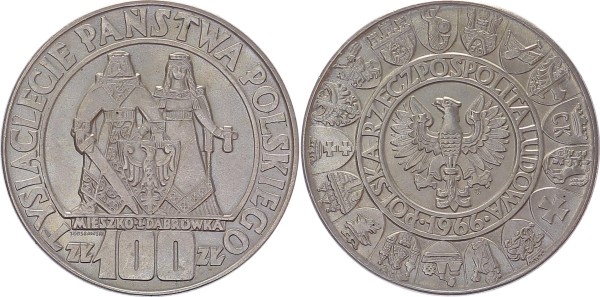 Polen 100 Zloty 1966 1000 Jahre Polen, fast vz