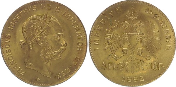 RDR Österreich-Ungarn 4 Florin / 10 Franken 1892 Franz Joseph I. (1848-1916)