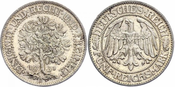 Weimarer Republik 5 Reichsmark 1931 F Eichbaum