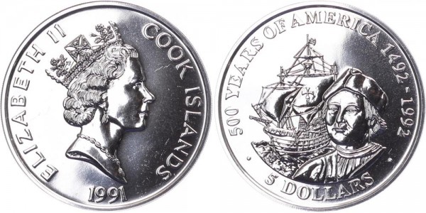 Cook Islands 5 Dollar 1991 - 500 Jahre Amerika