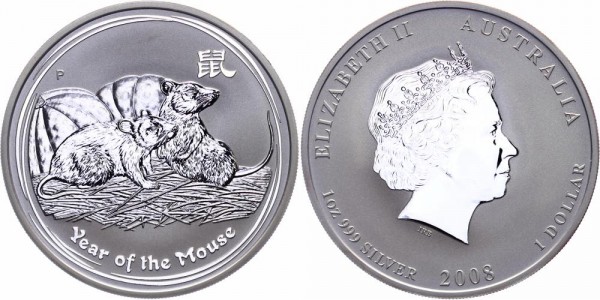 Australien 1 Dollar 2008 - Jahr der Maus/Mouse, 1 Unze Silber, Lunar