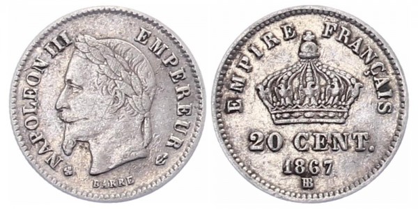 Frankreich 20 Centimes 1867 BB Napoleon III.