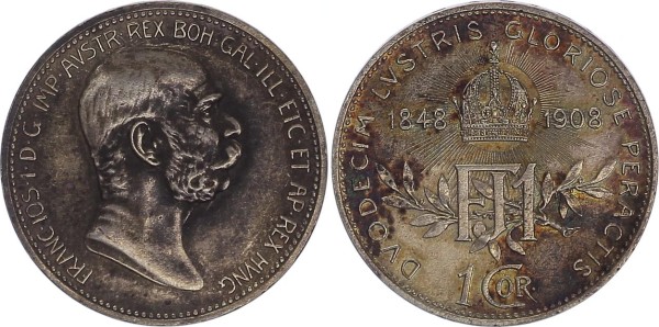 Österreich-Ungarn 1 Korona 1908 Franz Joseph I. 60. Jahrestag der Krönung herrliche Patina