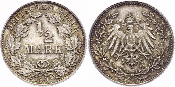 Kaiserreich 1/2 Mark 1908 D Kursmünze