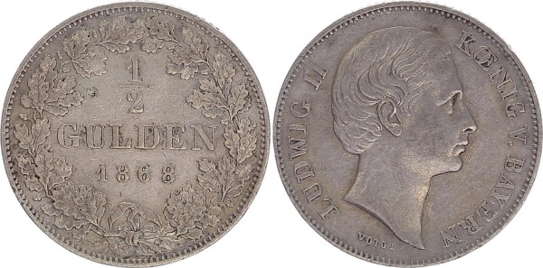 Bayern 1/2 Gulden 1868 D Ludwig II. 1864-1886