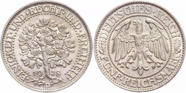Weimarer Republik 5 Reichsmark 1928 D Eichbaum