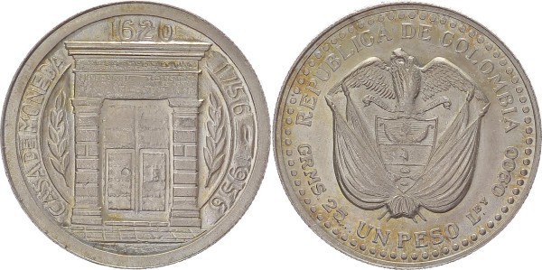 Kolumbien 1 Peso 1956 200-jähriges Jubiläum - Popayan Münzhof