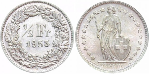 Schweiz 1/2 Franken 1953 B Eidgenossenschaft